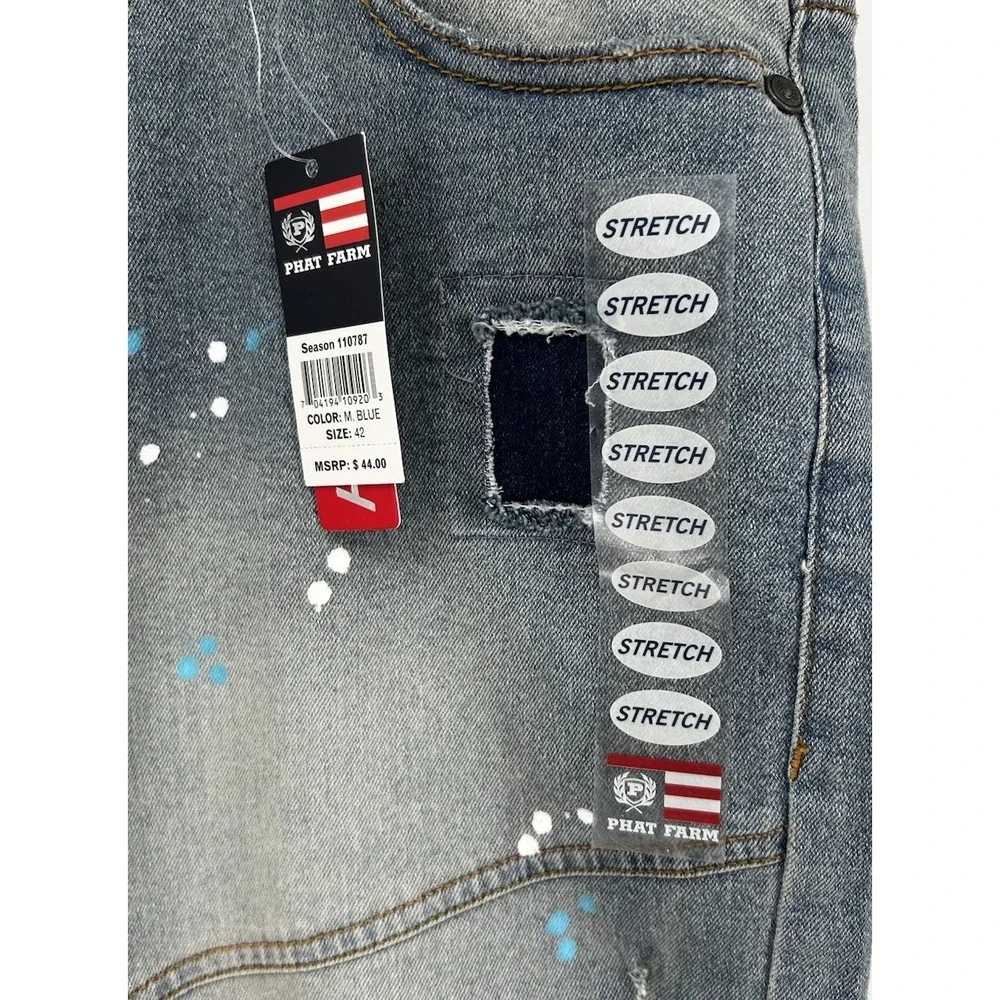 Phat Farm Stretch Denim Light Washed Distressed Jean Shorts Blue 42 NWT
